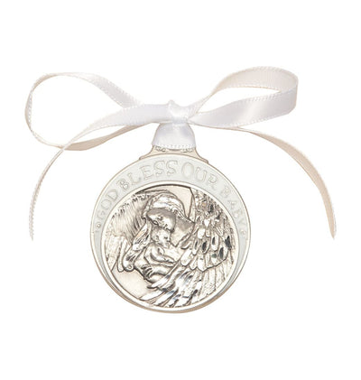 God Bless Our Baby Pewter Angel Crib Medal w/White Ribbon, Bliss Manufacturing