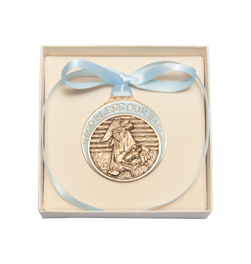 Bliss God Bless Our Baby Boy Gold Oxide Manger Crib Medal with Blue Ribbon in Box,