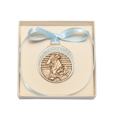 God Bless Our Baby Boy Gold Oxide Manger Crib Medal with Blue Ribbon in Box, Bliss Manufacturing