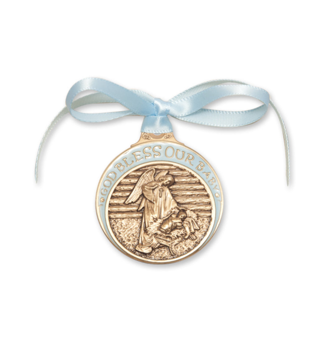 Bliss God Bless Our Baby Boy Gold Oxide Manger Crib Medal with Blue Ribbon,