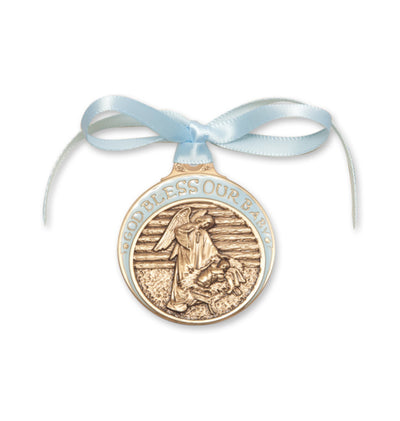 God Bless Our Baby Boy Gold Oxide Manger Crib Medal with Blue Ribbon, Bliss Manufacturing