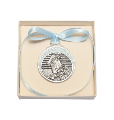 Pewter God Bless Our Baby Manger Crib Medal w/Blue Ribbon in Box, Bliss Manufacturing
