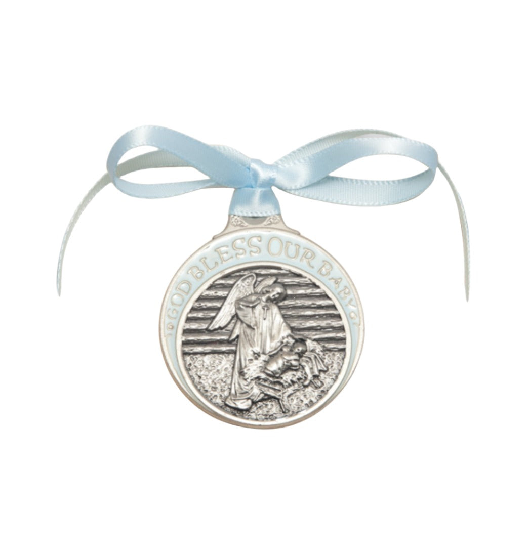 Pewter God Bless Our Baby Manger Crib Medal w/Blue Ribbon,