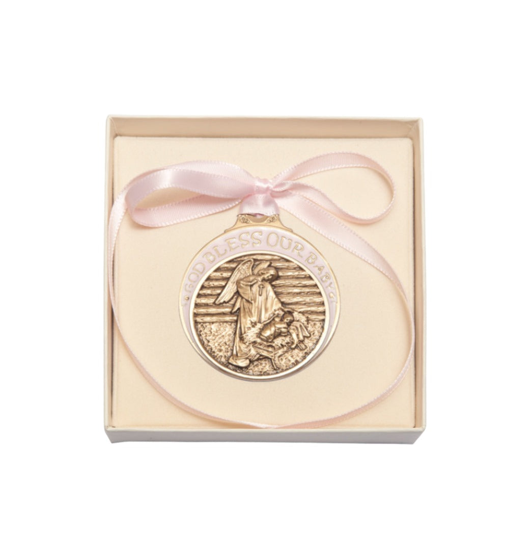 Boxed Bliss God Bless Our Baby Girl Gold Oxide Manger Crib Medal with Pink Ribbon,