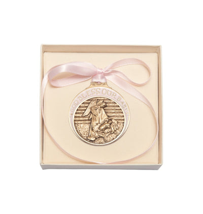 Boxed God Bless Our Baby Girl Gold Oxide Manger Crib Medal with Pink Ribbon, Bliss Manufacturing