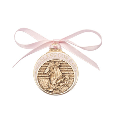 Engravable God Bless Our Baby Girl Gold Oxide Manger Crib Medal with Pink Ribbon, Bliss Manufacturing