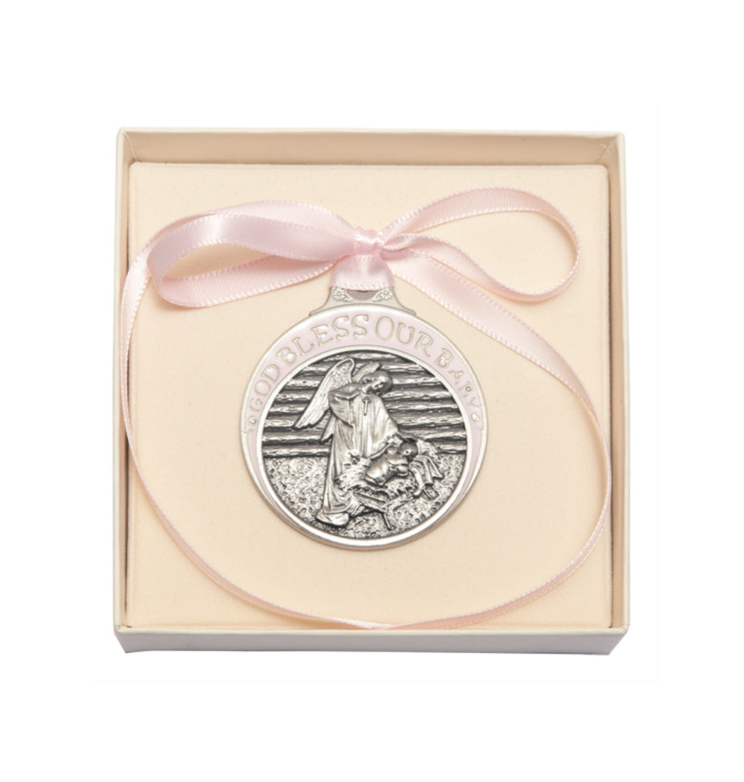 Bliss Pewter God Bless Our Baby Manger Crib Medal w/Pink Ribbon in Box,