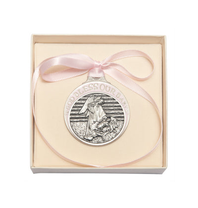 Pewter God Bless Our Baby Manger Crib Medal w/Pink Ribbon in Box, Bliss Manufacturing