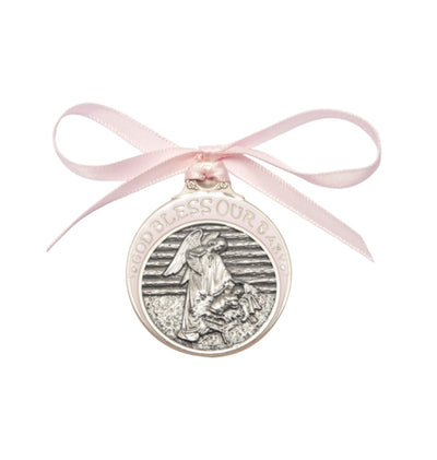 Pewter God Bless Our Baby Manger Crib Medal w/Pink Ribbon, Bliss Manufacturing