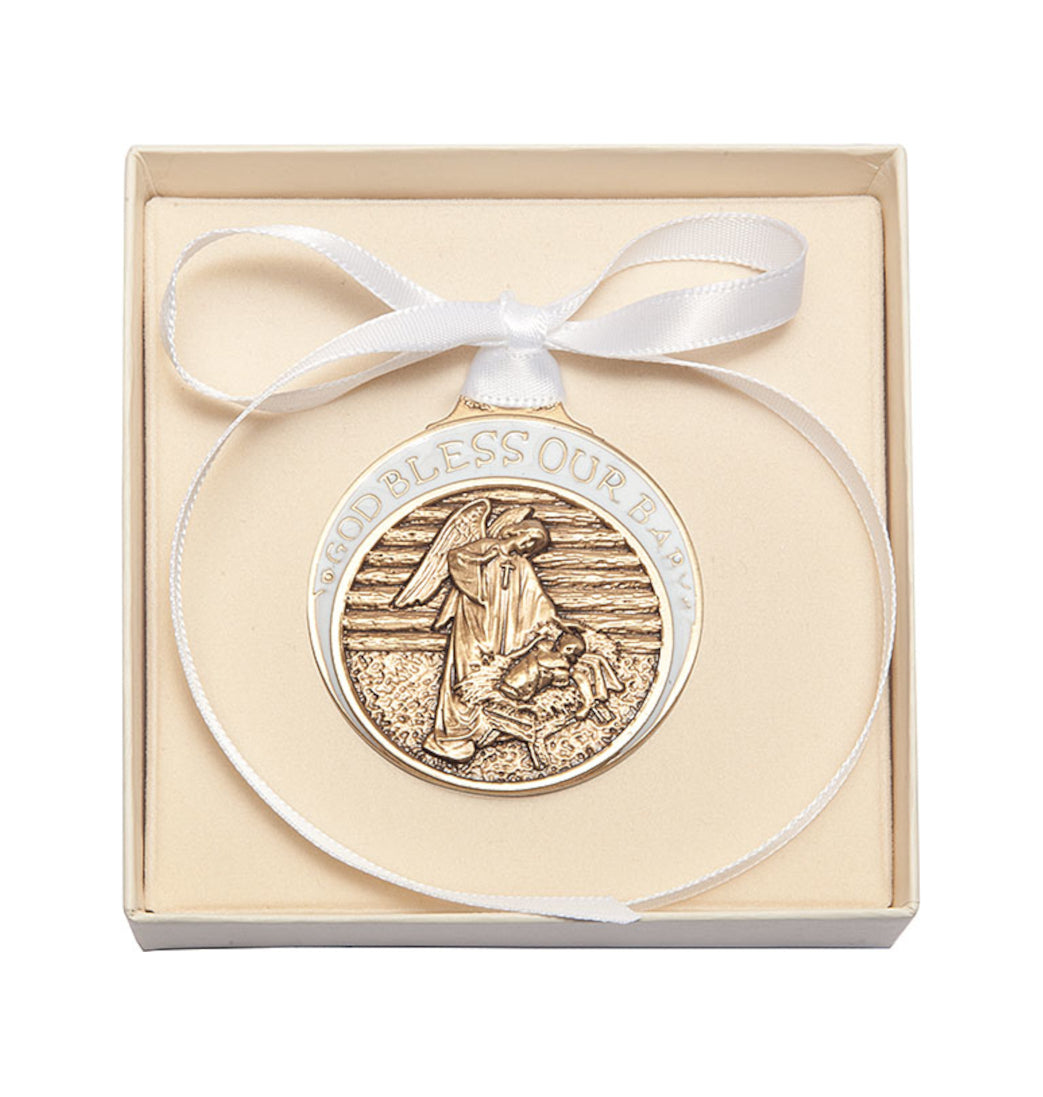 Bliss God Bless Our Baby Gold Oxide Manger Crib Medal with White Ribbon in Box,