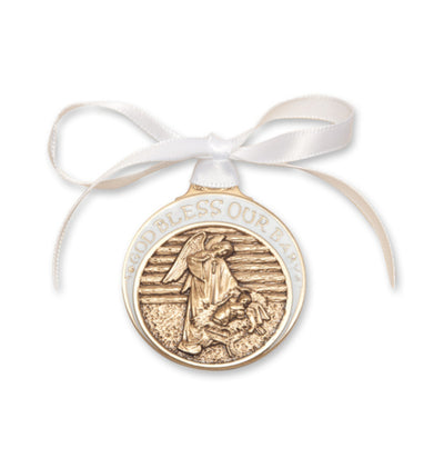 Engravable God Bless Our Baby Gold Oxide Manger Crib Medal with White Ribbon in Box, Bliss Manufacturing