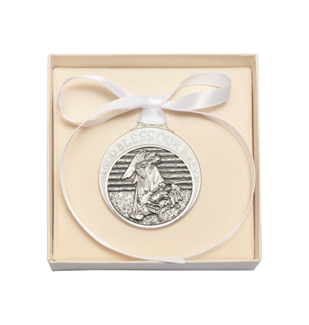 Bliss Pewter God Bless Our Baby Manger Crib Medal w/White Ribbon in Box,