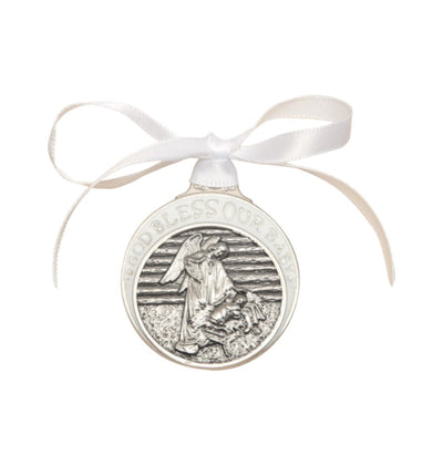 Pewter God Bless Our Baby Manger Crib Medal w/White Ribbon, Bliss Manufacturing