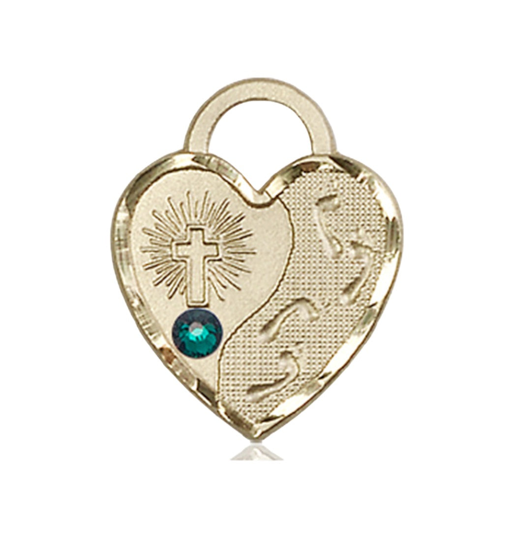 Emerald Birthstone 14kt Gold Footprints Heart Pendant w/Austrian Crystal