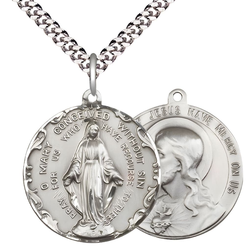 Bliss Immaculate Conception and Sacred Heart of Jesus Medal with Rhodium-plated Chain, Measures 1 1/2-inch tall by 1 1/2-inch wide.