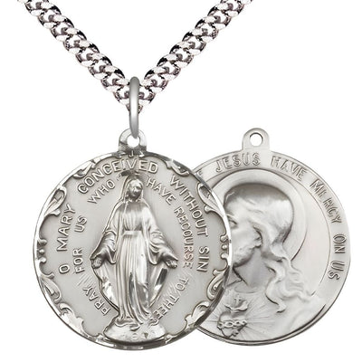 Immaculate Conception and Sacred Heart of Jesus Medal with Rhodium-plated Chain, Measures 1 1/2-inch tall by 1 1/2-inch wide, Bliss Manufacturing