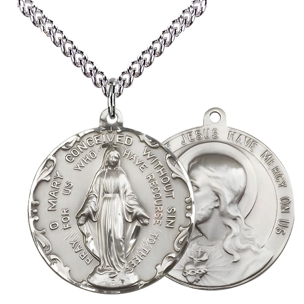 Bliss Immaculate Conception and Sacred Heart of Jesus Sterling Silver Medal with Sterling Silver Chain, Measures 1 1/2-inch tall by 1 1/2-inch wide.