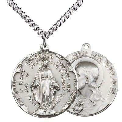 Immaculate Conception and Sacred Heart of Jesus Sterling Silver Medal with Sterling Silver Chain, Measures 1 1/2-inch tall by 1 1/2-inch wide, Bliss Manufacturing