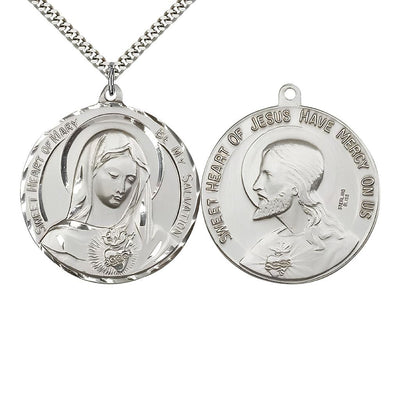 Immaculate Heart of Mary and the Sacred Heart of Jesus Medal with rhodium-plated chain., deluxe gift box, Bliss Manufacturing