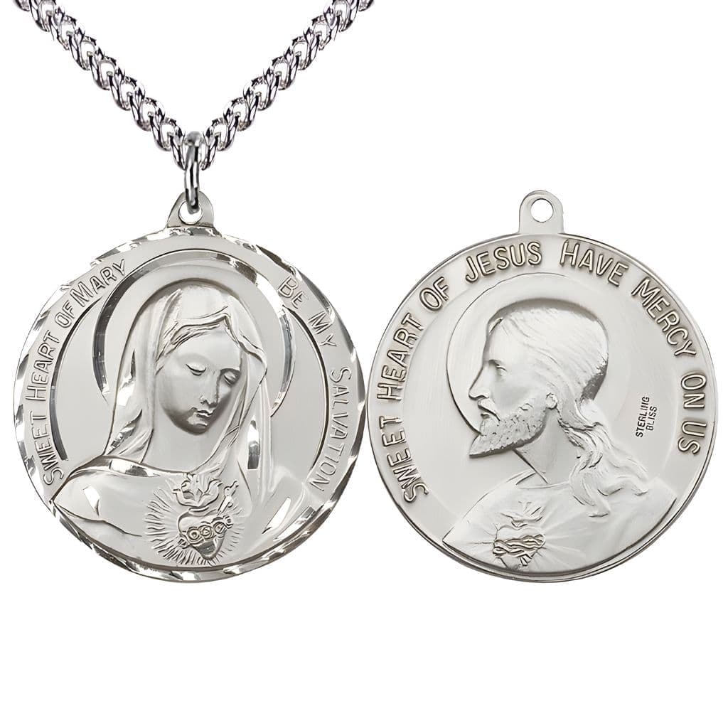 Bliss Immaculate Heart of Mary and the  Sacred Heart of Jesus Sterling Silver Medal with sterling silver chain. Made in the USA by Bliss, deluxe gift box.