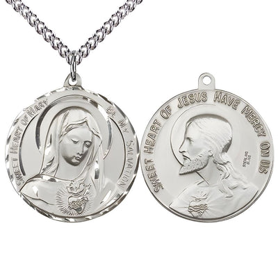 Immaculate Heart of Mary and the Sacred Heart of Jesus Sterling Silver Medal with sterling silver chain., deluxe gift box, Bliss Manufacturing