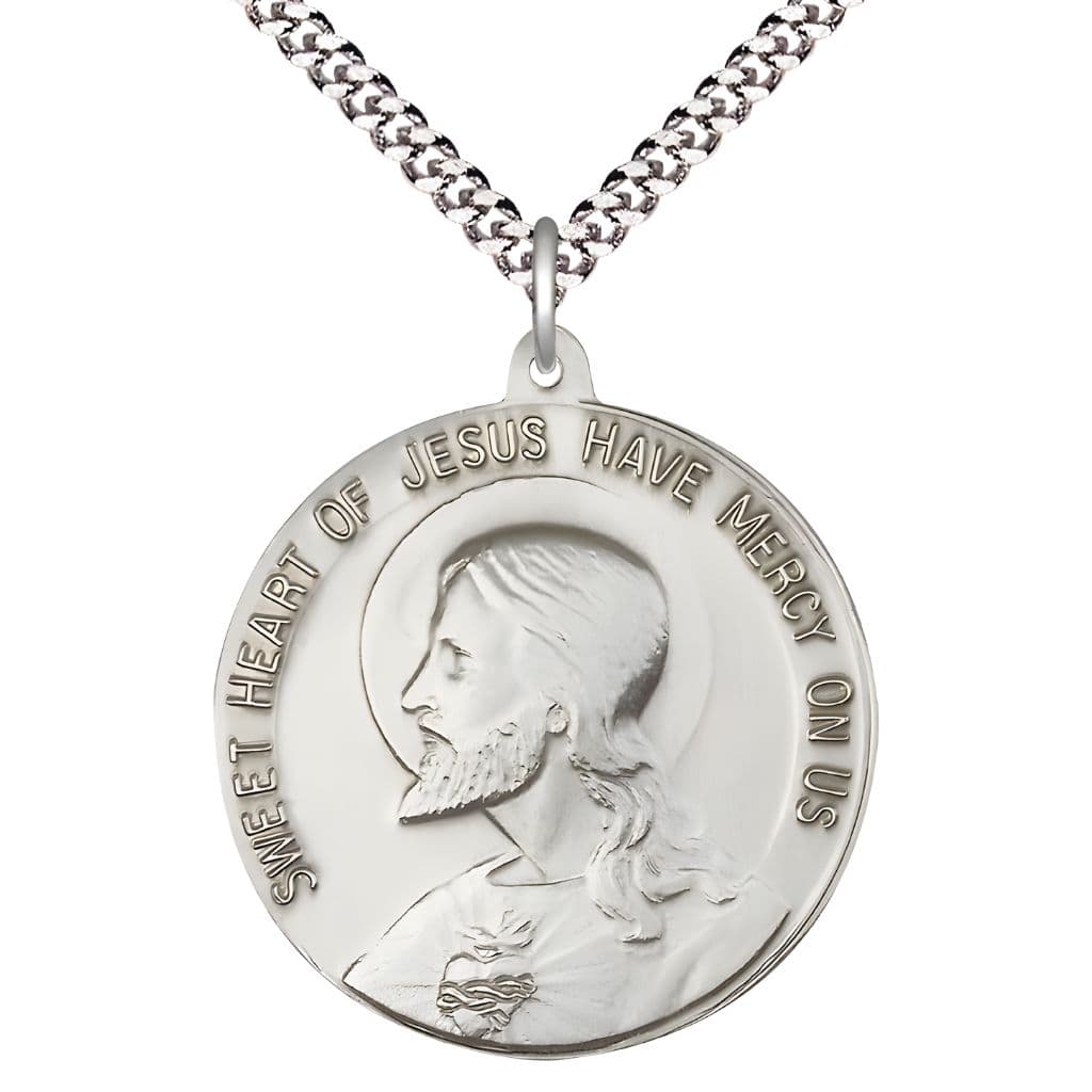 Bliss Sacred Heart of Jesus Medal with Rhodium-plated Chain, Measures 1 1/2-inch tall by 1 1/2-inch wide. Sweet Heart of Jesus Have Mercy on Us.