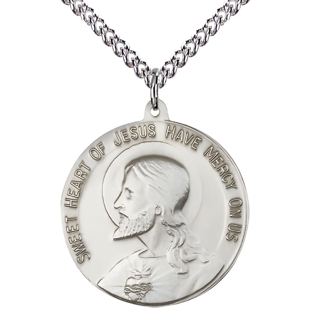 Bliss Sacred Heart of Jesus Sterling Silver Medal with Sterling Silver Chain, Measures 1 1/2-inch tall by 1 1/2-inch wide. Sweet Heart of Jesus Have Mercy on Us.