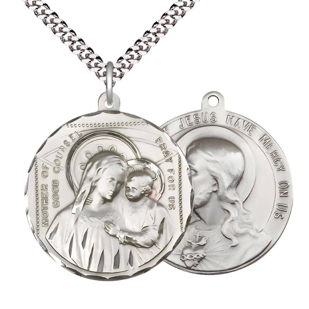 Bliss Our Lady of Good Counsel and the  Sacred Heart of Jesus Medal with rhodium-plated chain. Made in the USA by Bliss, deluxe gift box.