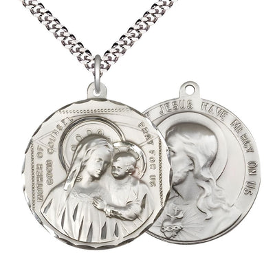Our Lady of Good Counsel and the Sacred Heart of Jesus Medal with rhodium-plated chain., deluxe gift box, Bliss Manufacturing