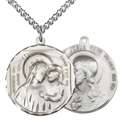 Our Lady of Good Counsel and the Sacred Heart of Jesus Sterling Silver Medal with sterling silver chain., deluxe gift box, Bliss Manufacturing