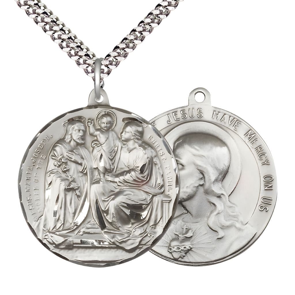 Bliss Jesus, Mary, Joseph, the Model of the Christian Family Pewter Medal with Plated Chain, Measures 1 1/2-inch tall by 1 1/2-inch wide