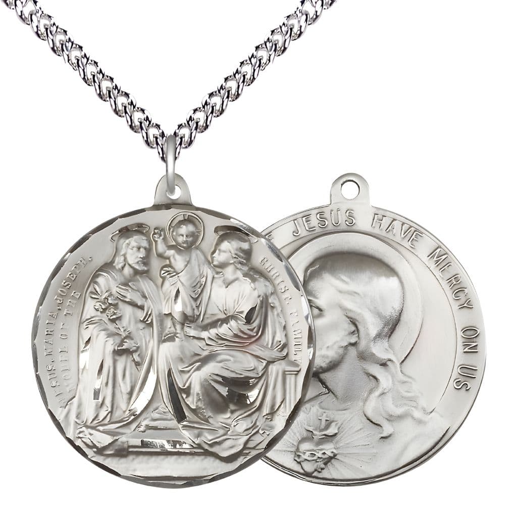 Bliss Jesus, Mary, Joseph, the Model of the Christian Family Sterling Silver Medal with Sterling Chain, Measures 1 1/2-inch tall by 1 1/2-inch wide