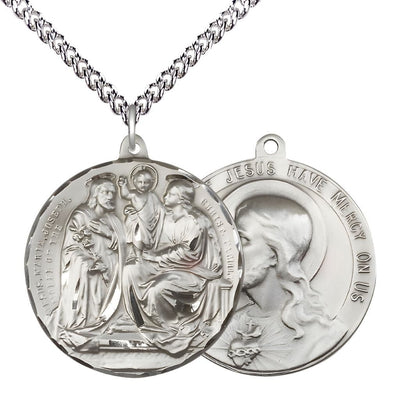 Jesus, Mary, Joseph, the Model of the Christian Family Sterling Silver Medal with Sterling Chain, Measures 1 1/2-inch tall by 1 1/2-inch wide, Bliss Manufacturing