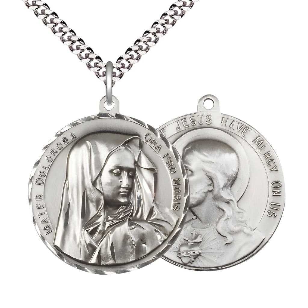 Bliss Mater Dolorosa | Our Lady of Sorrows and the  Sacred Heart of Jesus Medal with rhodium-plated chain. Made in the USA by Bliss, deluxe gift box. Measures: 1 1/2-inch tall by 1 1/2-inch wide.