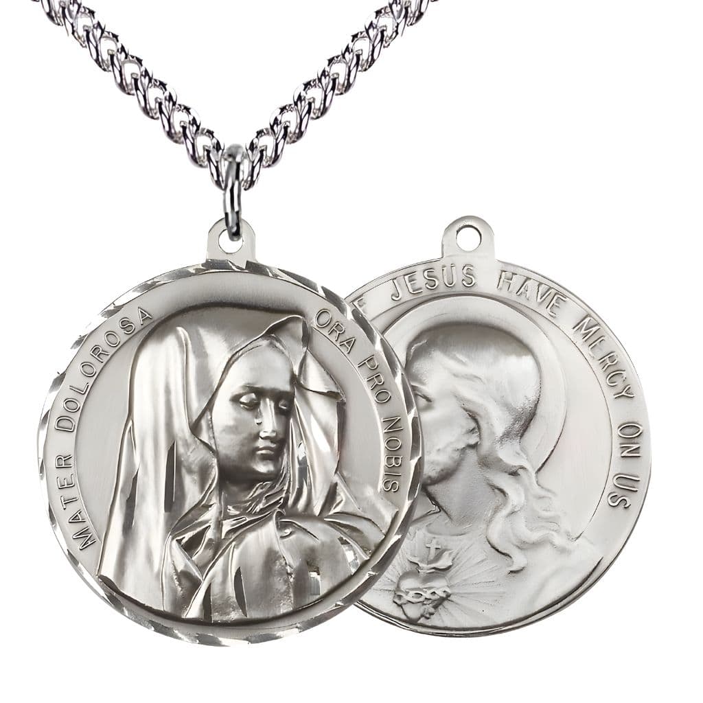 Bliss Mater Dolorosa | Our Lady of Sorrows and the  Sacred Heart of Jesus Sterling Silver Medal with sterling silver chain. Made in the USA by Bliss, deluxe gift box. Measures: 1 1/2-inch tall by 1 1/2-inch wide.