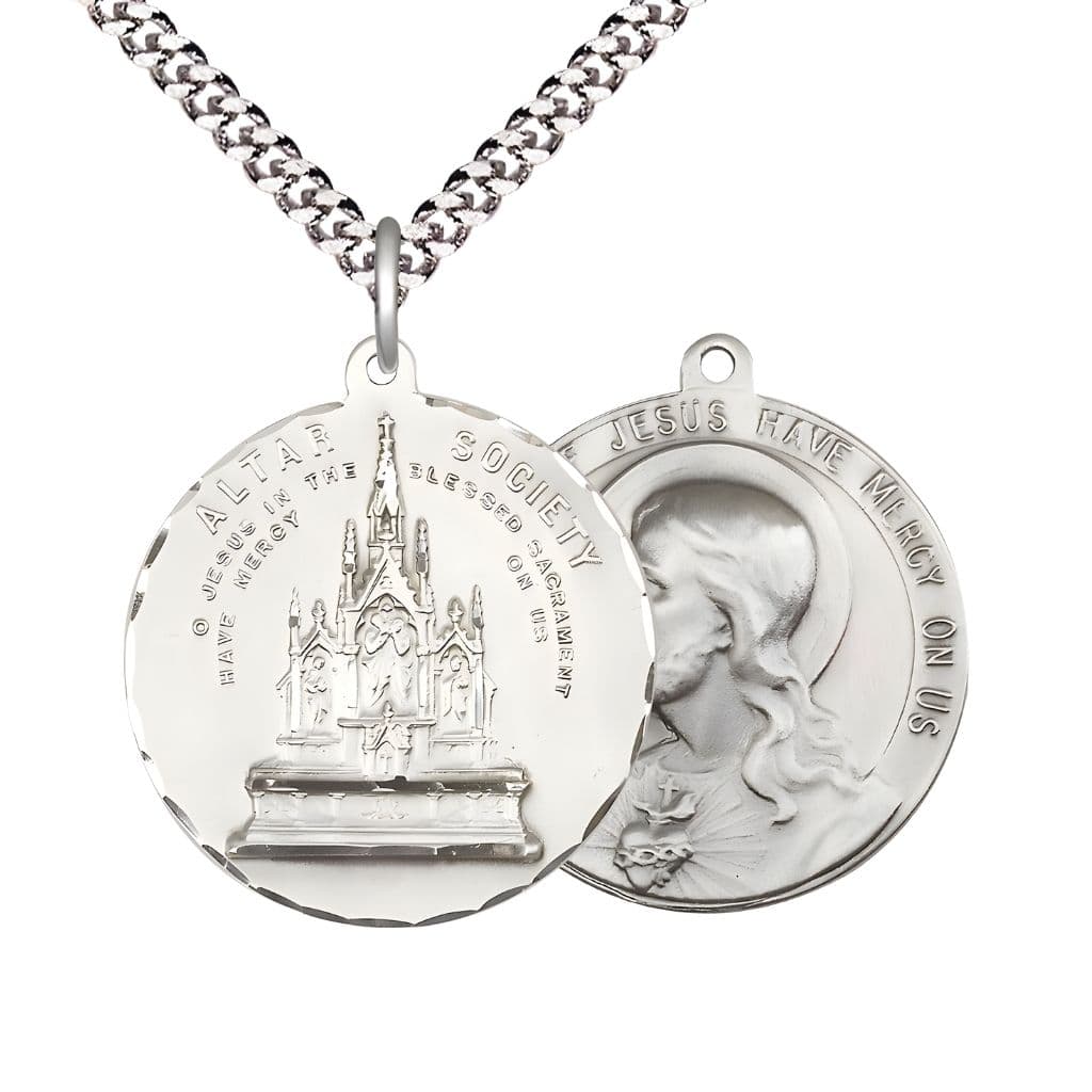 Bliss Altar Society and the  Sacred Heart of Jesus Medal with rhodium-plated chain. Made in the USA by Bliss, deluxe gift box. Measures: 1 1/2-inch tall by 1 1/2-inch wide.