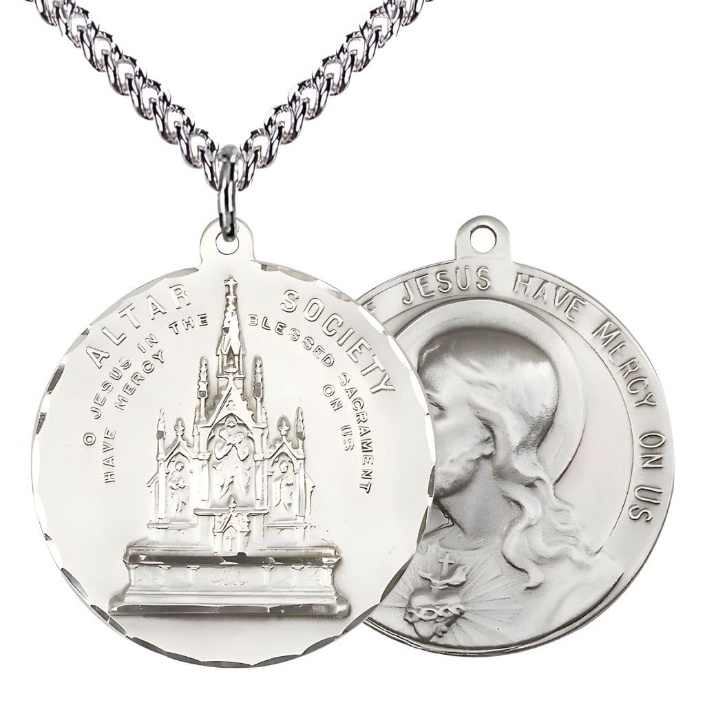 Bliss Altar Society and the  Sacred Heart of Jesus Sterling Silver Medal with sterling silver chain. Made in the USA by Bliss, deluxe gift box. Measures: 1 1/2-inch tall by 1 1/2-inch wide.
