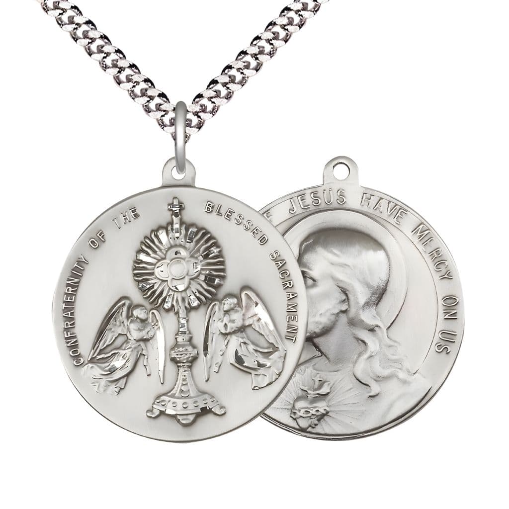 Bliss Blessed Sacrament and the  Sacred Heart of Jesus Medal with rhodium-plated chain. Made in the USA by Bliss, deluxe gift box. Measures: 1 1/2-inch tall by 1 1/2-inch wide.