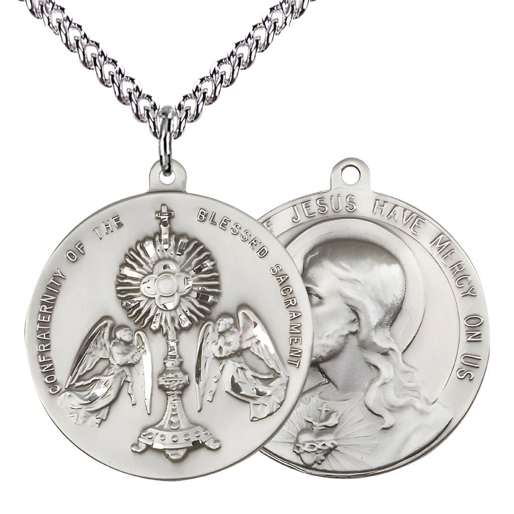 Bliss Blessed Sacrament and the  Sacred Heart of Jesus Sterling Silver Medal with sterling silver chain. Made in the USA by Bliss, deluxe gift box. Measures: 1 1/2-inch tall by 1 1/2-inch wide.