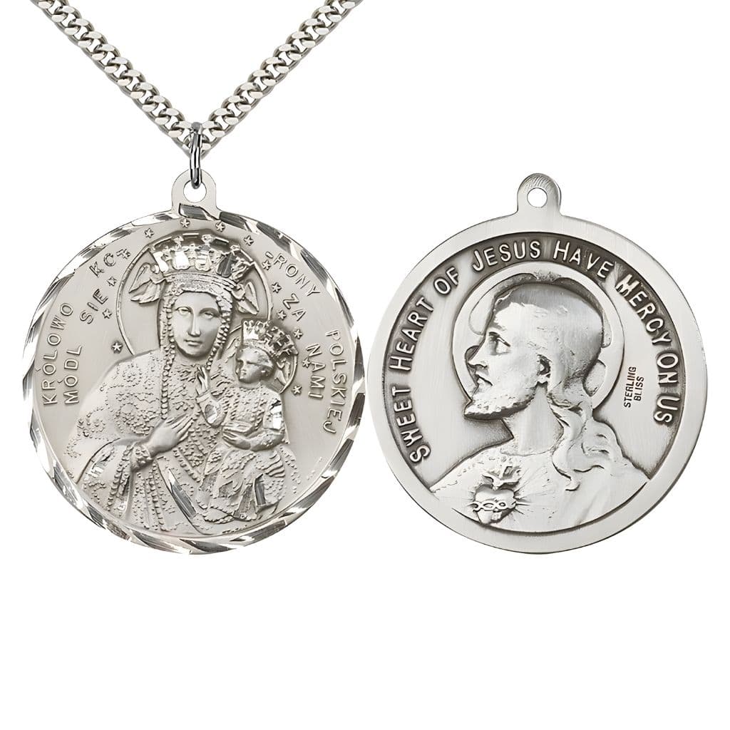 Bliss Our Lady of Czestochowa and the  Sacred Heart of Jesus Medal with rhodium-plated chain. Made in the USA by Bliss, deluxe gift box. Measures: 1 1/2-inch tall by 1 1/2-inch wide.
