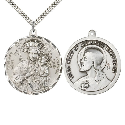Our Lady of Czestochowa and the Sacred Heart of Jesus Medal with rhodium-plated chain., deluxe gift box. Measures: 1 1/2-inch tall by 1 1/2-inch wide, Bliss Manufacturing