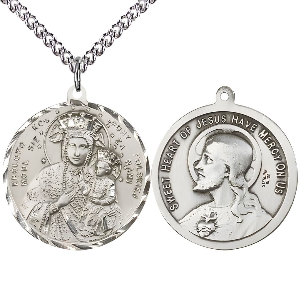 Bliss Our Lady of Czestochowa and the  Sacred Heart of Jesus Sterling Silver Medal with sterling silver chain. Made in the USA by Bliss, deluxe gift box. Measures: 1 1/2-inch tall by 1 1/2-inch wide.