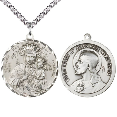 Our Lady of Czestochowa and the Sacred Heart of Jesus Sterling Silver Medal with sterling silver chain., deluxe gift box. Measures: 1 1/2-inch tall by 1 1/2-inch wide, Bliss Manufacturing