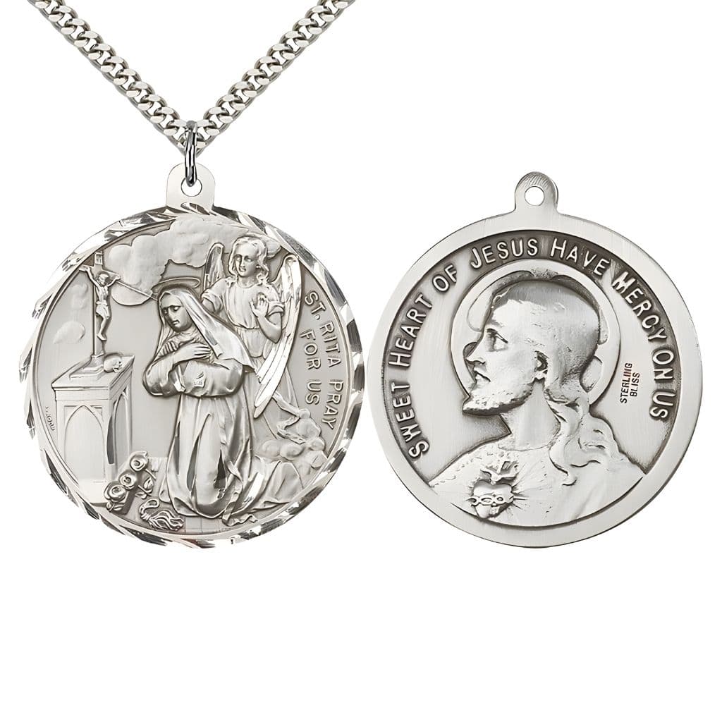 Bliss St. Rita of Cascia and the  Sacred Heart of Jesus Medal with rhodium-plated chain. Made in the USA by Bliss, deluxe gift box. Measures: 1 1/2-inch tall by 1 1/2-inch wide.