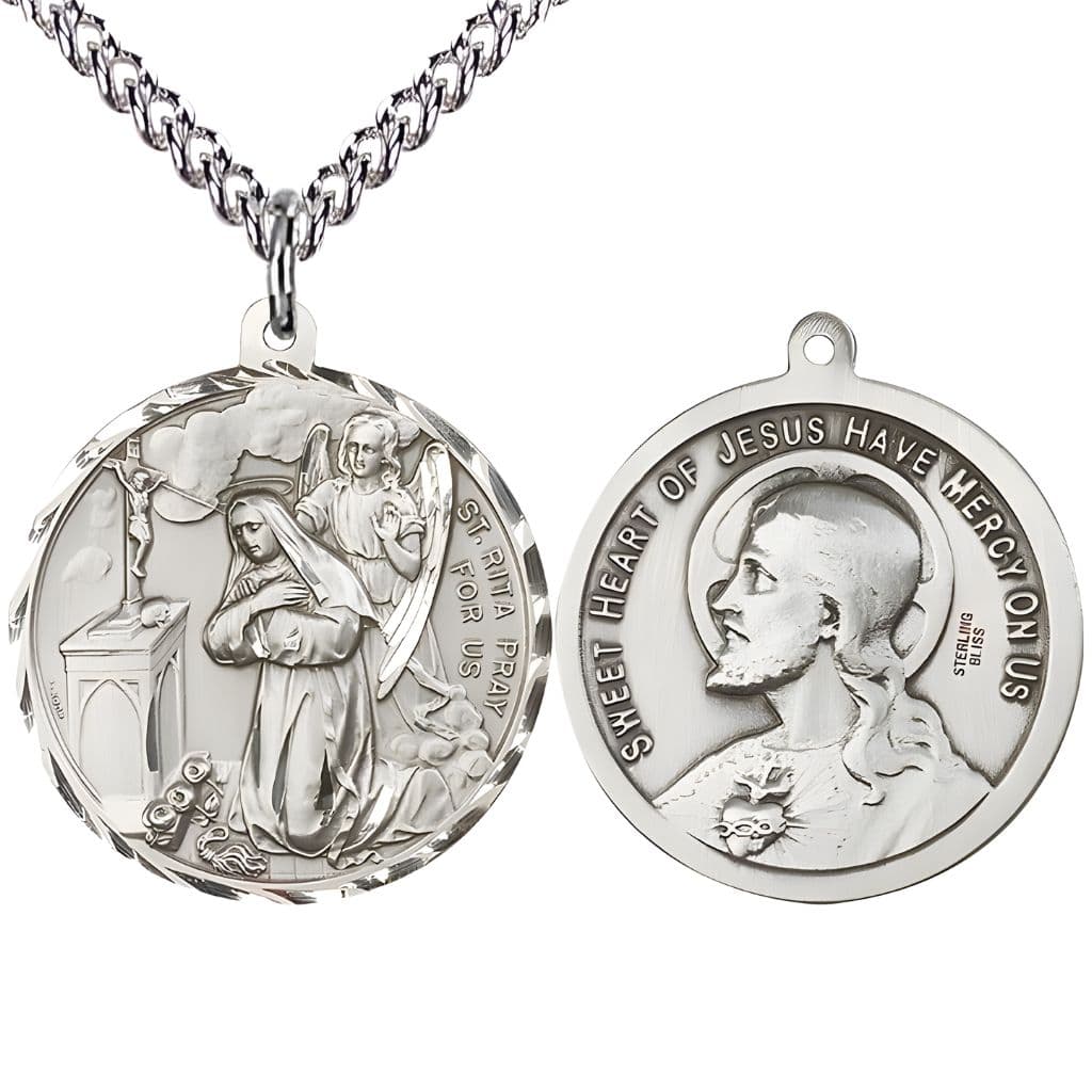Bliss St. Rita of Cascia and the  Sacred Heart of Jesus Sterling Silver Medal with sterling silver chain. Made in the USA by Bliss, deluxe gift box. Measures: 1 1/2-inch tall by 1 1/2-inch wide.