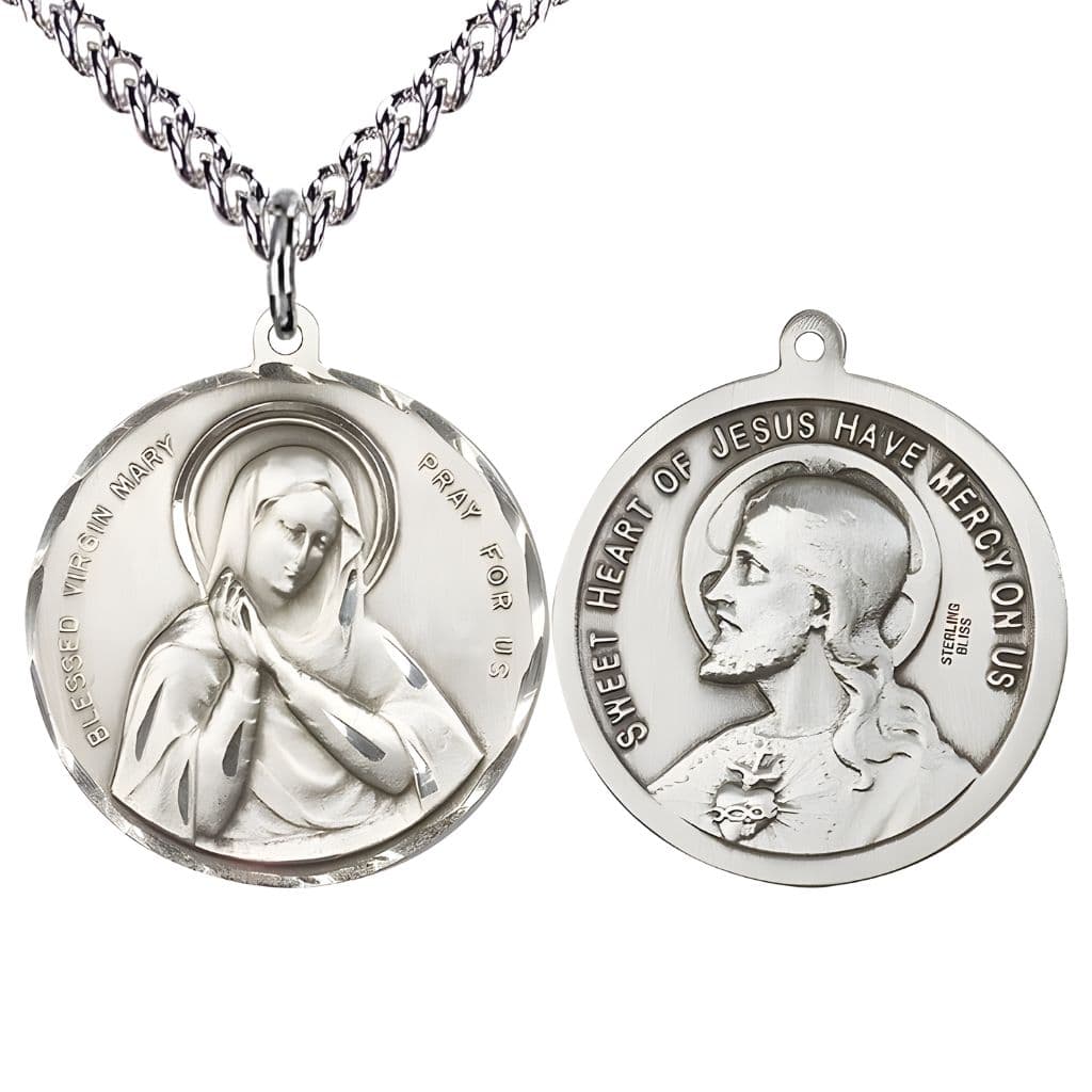 Bliss Blessed Virgin and the  Sacred Heart of Jesus Medal with rhodium-plated chain. Made in the USA by Bliss, deluxe gift box. Measures: 1 1/2-inch tall by 1 1/2-inch wide.