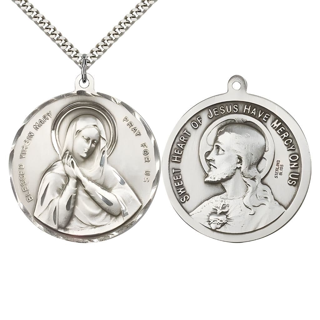 Bliss Blessed Virgin and the  Sacred Heart of Jesus Sterling Silver Medal with sterling silver chain. Made in the USA by Bliss, deluxe gift box. Measures: 1 1/2-inch tall by 1 1/2-inch wide.