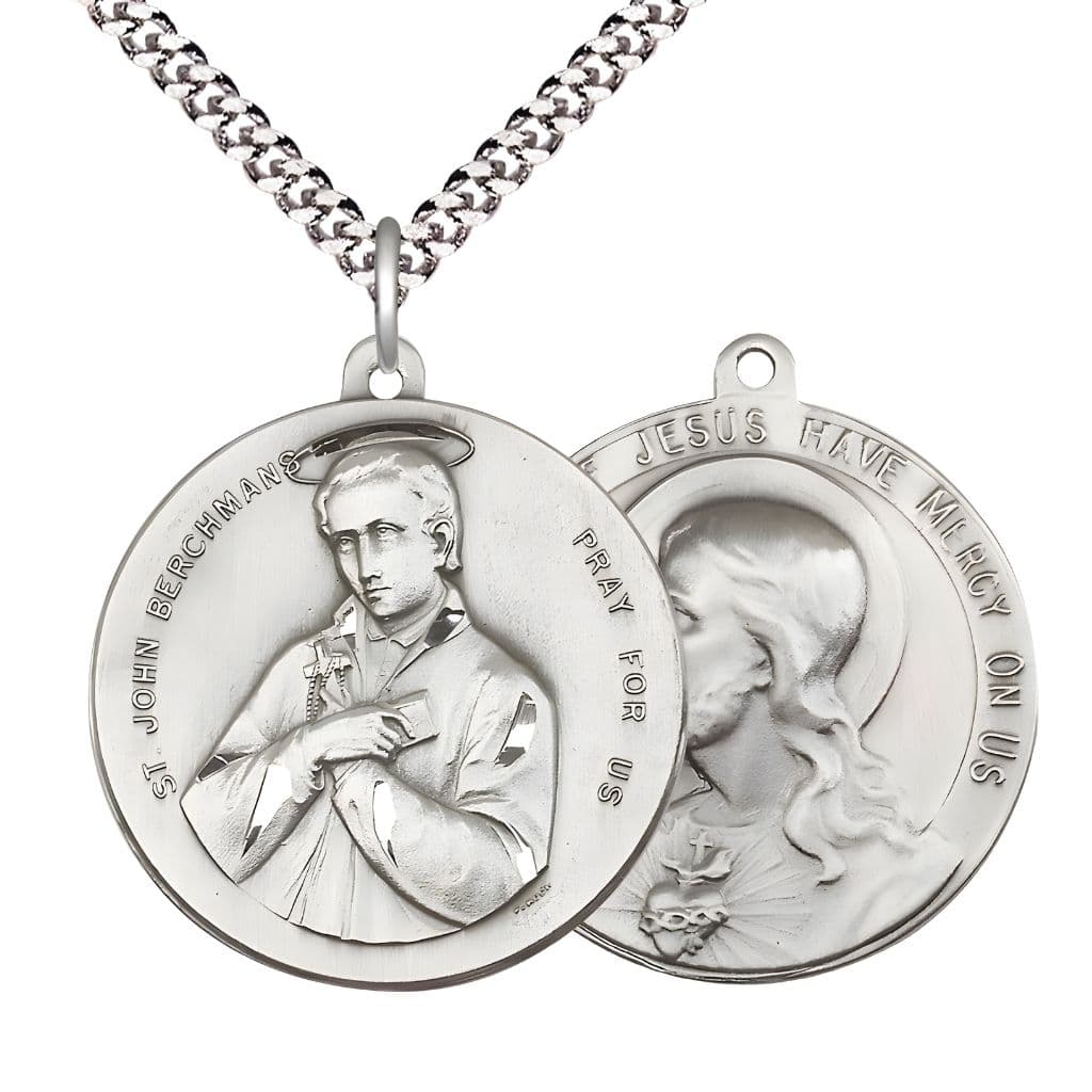 Bliss St. John Berchmans and the  Sacred Heart of Jesus Medal with rhodium-plated chain. Made in the USA by Bliss, deluxe gift box. Measures: 1 1/2-inch tall by 1 1/2-inch wide.