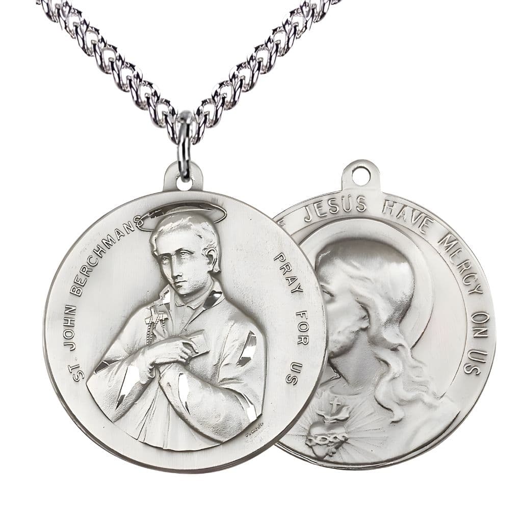 Bliss St. John Berchmans and the  Sacred Heart of Jesus Sterling Silver Medal with sterling silver chain. Made in the USA by Bliss, deluxe gift box. Measures: 1 1/2-inch tall by 1 1/2-inch wide.