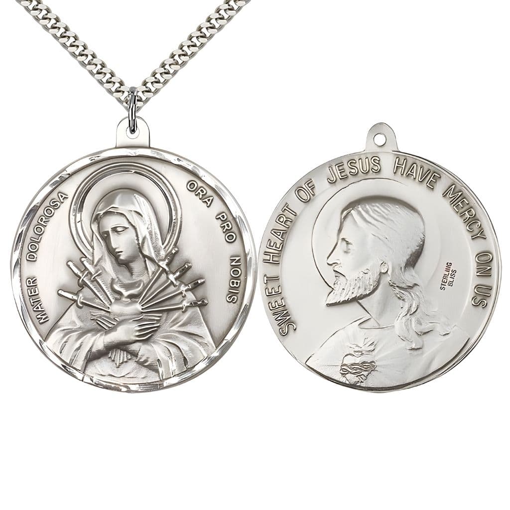 Bliss Mater Dolorosa | Seven Dolors and the  Sacred Heart of Jesus Medal with rhodium-plated chain. Made in the USA by Bliss, deluxe gift box. Measures: 1 1/2-inch tall by 1 1/2-inch wide.